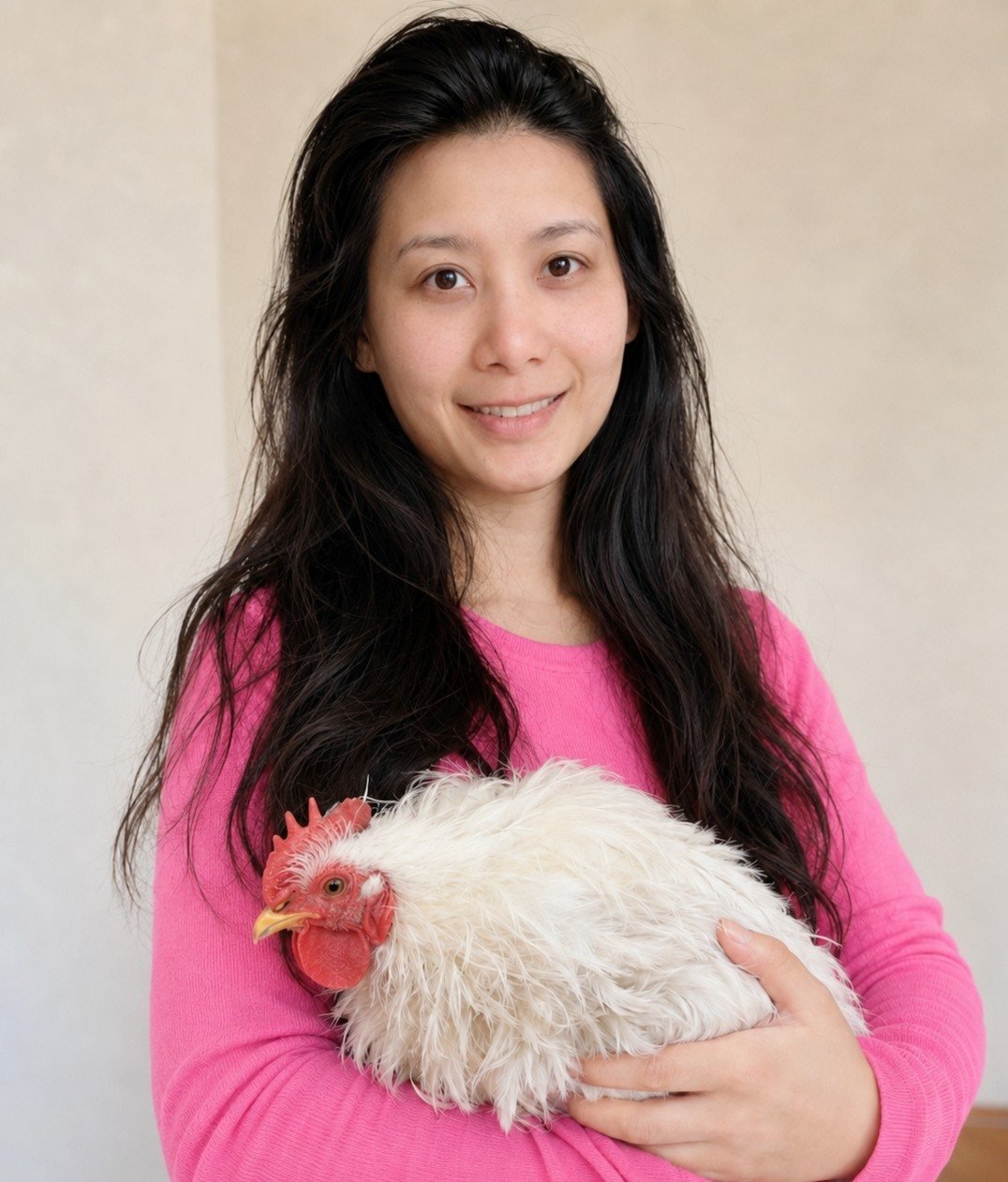 Holding one of the white chickens