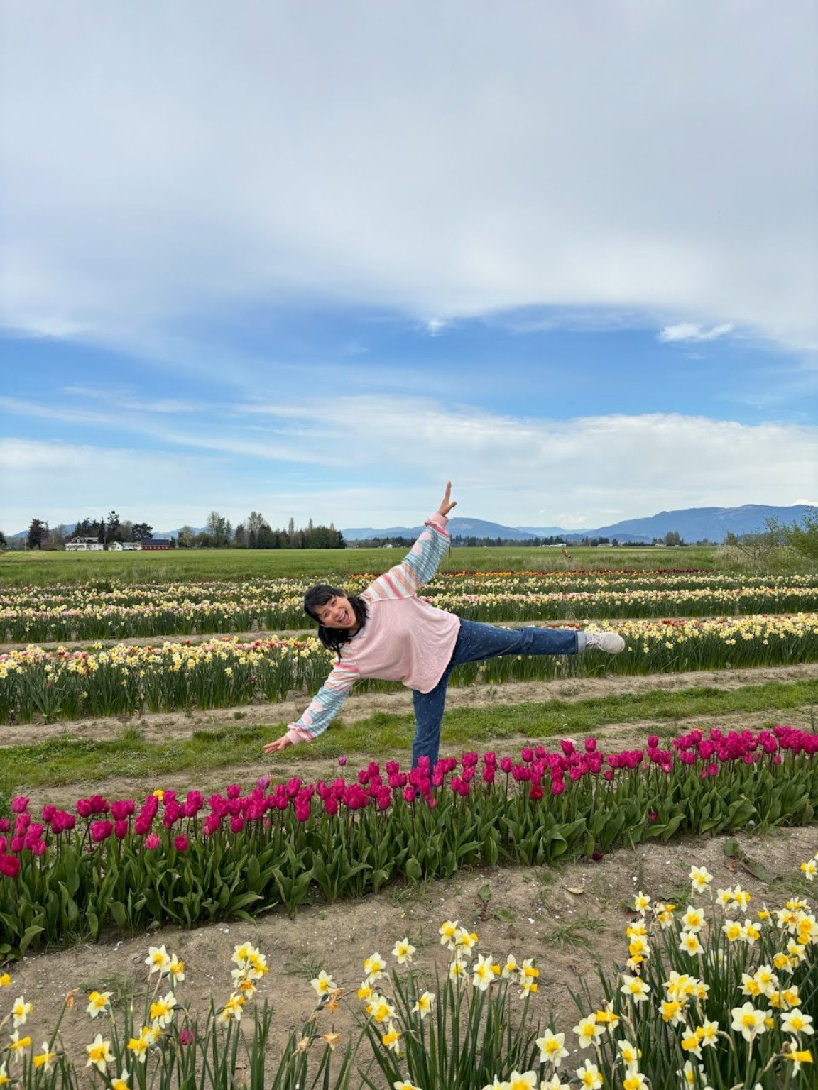 A playful moment in the flower fields